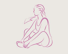 Жена в седнало положение с притиснати едно към друго стъпала, изпълняваща упражнение за разтягане на вътрешната част на бедрата